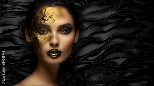 Mujer sobre fondo negro  maquillaje dorado 