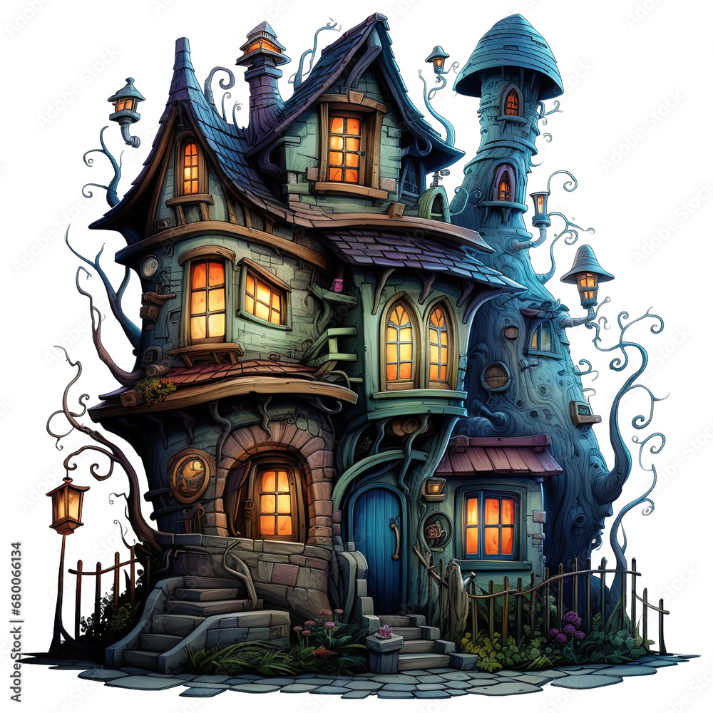 Illustrated Monster House Isolated on Transparent or White Background, PNG