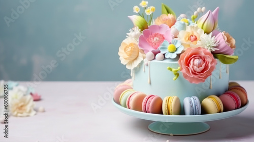 Colorful macaroon cake with flowers and macaroons on blue background