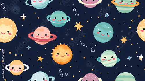 Seamless pattern of smiling planets and stars