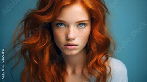Portrait of a beautiful red-haired girl with freckles