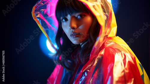 Portrait of a beautiful asian woman wearing a raincoat.