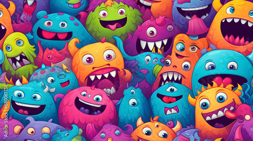 Seamless pattern of colorful friendly monsters