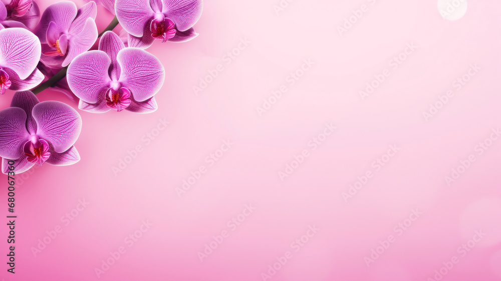 Pink orchid flowers on pink background with copy space for text.
