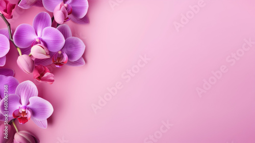 Pink orchid flowers on pink background. Top view with copy space
