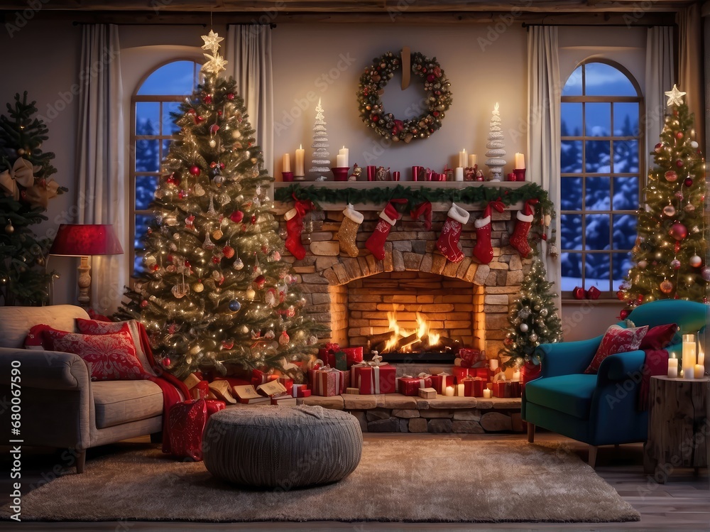 living room decorated with christmas lights, rustic naturalism, bright and vivid colors, fanciful elements, whistling, fireplace, presents, christmas tree, christmas presents