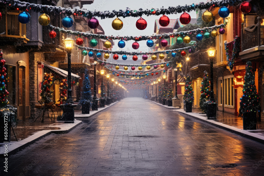 The festive atmosphere of a Christmas festival with a photo of a decorated street, featuring colorful lights, ornaments, and cheerful holiday decorations