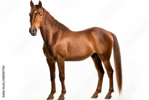 A lone bay horse on white background