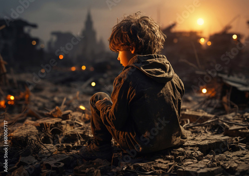 Little boy sitting on destroyed by war street,lost his parents and home.Stop war.Macro.AI Generative.