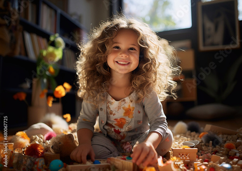 Curly little cute girl on carpet in living room playing and surrounded with various toys.Macro.AI Generative