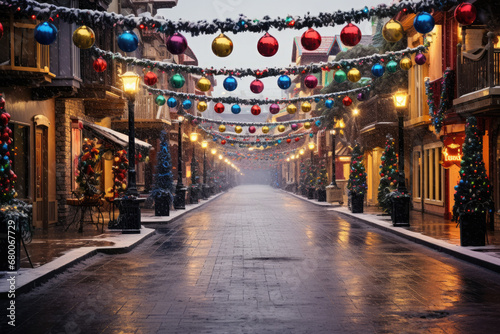 The festive atmosphere of a Christmas festival with a photo of a decorated street, featuring colorful lights, ornaments, and cheerful holiday decorations