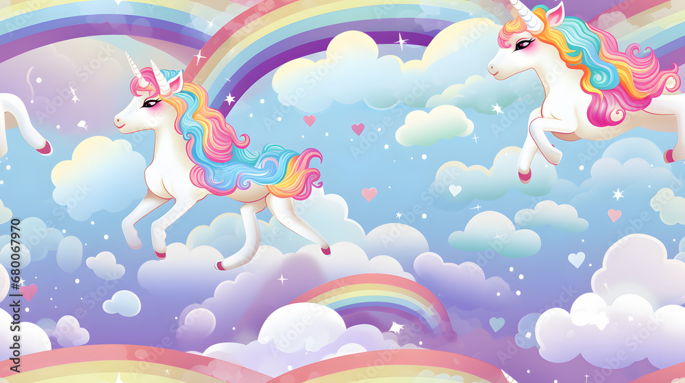 Obraz premium Seamless pattern of rainbow unicorns in fantasy sky
