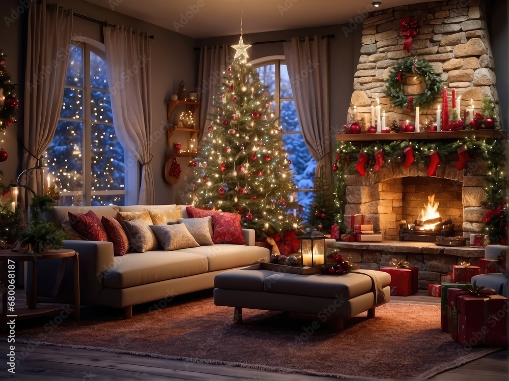 living room decorated with christmas lights, rustic naturalism, bright and vivid colors, fanciful elements, whistling, fireplace, presents, christmas tree, christmas presents living room decorated with christmas lights, rustic naturalism, bright and vivid colors, fanciful elements, whistling, fireplace, presents, christmas tree, christmas presents