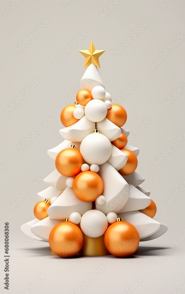 White Christmas tree, 3D rendering, bronze and gold decoration, isolated on light background White Christmas tree, 3D rendering, bronze and gold decoration, isolated on light background