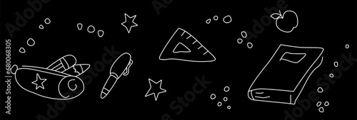 Graphic vector of school subjects on a black background. Illustration of school subjects. Pencil case, ruler, apple, diary on a black background. EPS 10