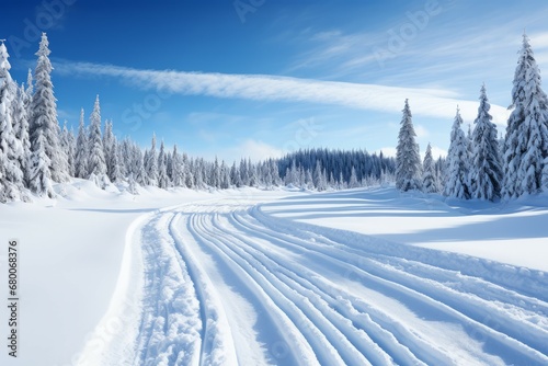 Panoramic view of wide wheel track on fresh snow