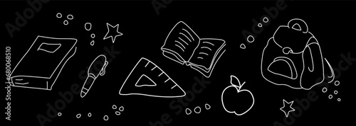 School subjects on a black background. Vector graphics. School backpack, diary, pen and notebook on a black background. Illustration EPS 10