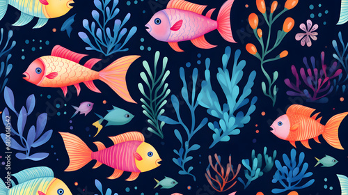 Seamless pattern of underwater adventure with fish and corals
