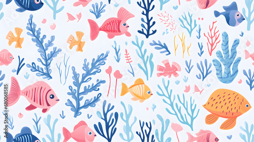 Seamless pattern of underwater adventure with fish and corals