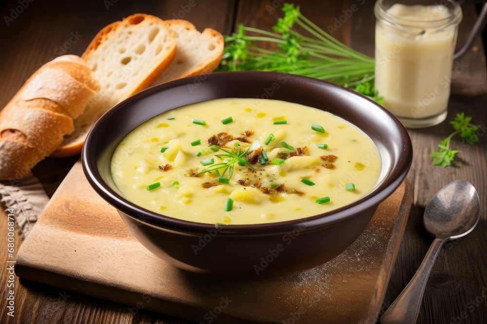 Vegetarian creamy potato and leek soup on rustic wooden background