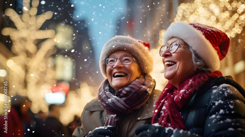 Elderly Women Enjoying Christmas Lights in Snow