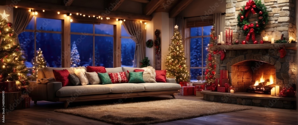 living room decorated with christmas lights, rustic naturalism, bright and vivid colors, fanciful elements, whistling, fireplace, presents, Christmas tree, Christmas presents