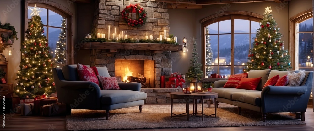 living room decorated with christmas lights, rustic naturalism, bright and vivid colors, fanciful elements, whistling, fireplace, presents, Christmas tree, Christmas presents