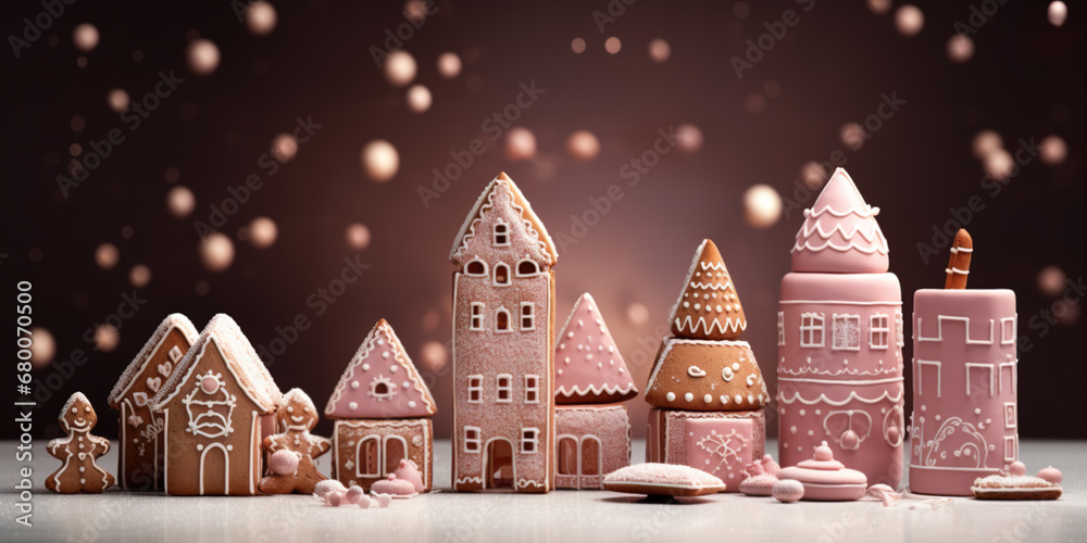 Beautiful gingerbread houses in the snow