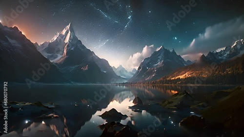 Beautiful mountain and lake. Created with generative AI.	
 photo