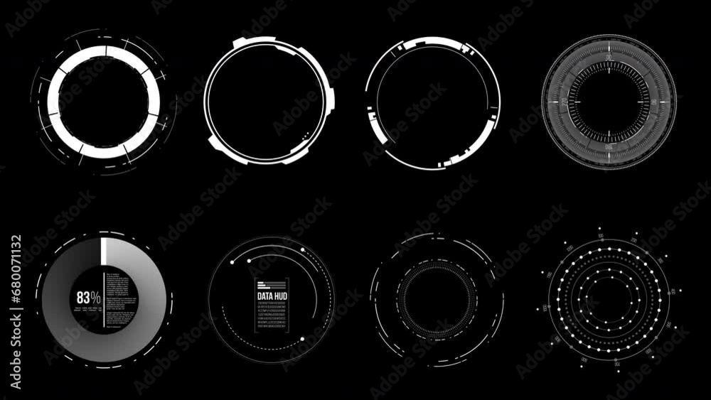 Complex HUD Circles pack. Futuristic user interface elements for overlay design. Digital circles isolated on the black background.