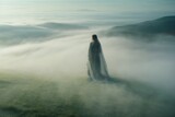 Rear view of a woman in a long gray satin dress with a veil in nature early in the morning. Fog, mountains and forest background