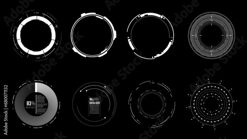 Complex HUD Circles pack. Futuristic user interface elements for overlay design. Digital circles isolated on the black background.