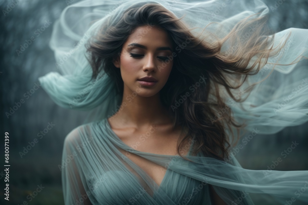 Portrait of a beautiful brunette woman wearing a tulle dress and with a gray veil curling in the wind in the forest