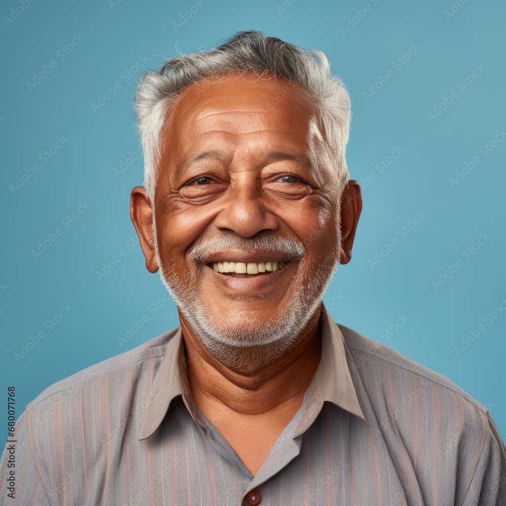 Portrait of a smiling senior man with gray hair. Closeup face of a handsome Indian old man smiling at camera on a blue background. Front view of a happy aged native american man in a gray shirt. Portrait of a smiling senior man with gray hair. Closeup face of a handsome Indian old man smiling at camera on a blue background. Front view of a happy aged native american man in a gray shirt.