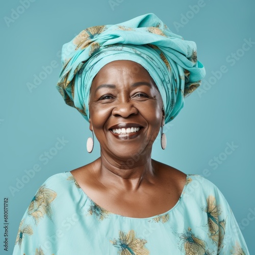 Photo Portrait of a smiling elderly African woman wearing a headscarf on a blue background