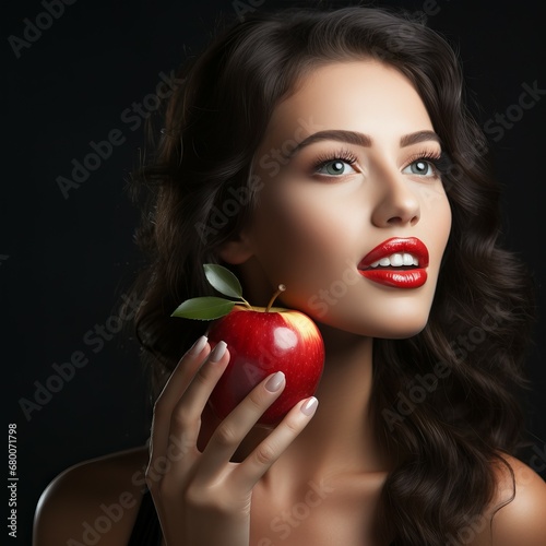Portrait of a beautiful young smiling girl with red apple in hand on dark background. Concept of healthy fruit nutrition. Smiling young woman with red apple, studio shot. People and healthy nutrition