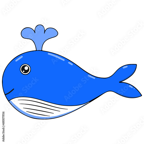 Kawaii bright blue whale with water spouting from the top swimming in the ocean