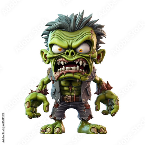 Angry 3D Cartoon Zombie Isolated on Transparent or White Background, PNG