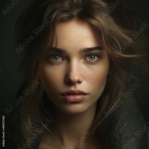 Fashion portrait of an young beautiful woman with long brown wavy hair and professional makeup. Glamour portrait of attractive woman with natural makeup and long curly hair, studio shot.
