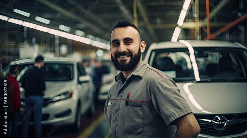 An automobile modern factory worker smiling to camera in the line of production of an electric car An automobile modern factory worker smiling to camera in the line of production of an electric car