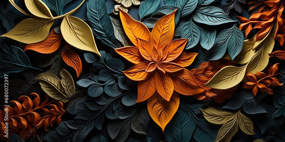 custom made wallpaper toronto digitalAI Generated. AI Generative. Bright color moody autumn fall floral tropical leaves in Maori style. Decorative background. Graphic Art