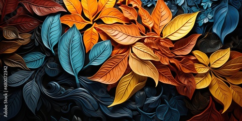 AI Generated. AI Generative. Bright color moody autumn fall floral tropical leaves in Maori style. Decorative background. Graphic Art