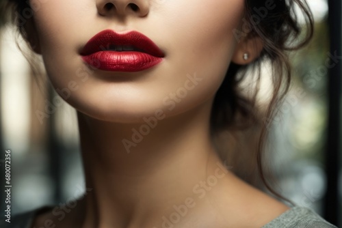 Close-up cropped photo of a brunette woman s face with bright red lipstick on plump lips  half-open mouth. Makeup  beauty  cosmetics concepts.