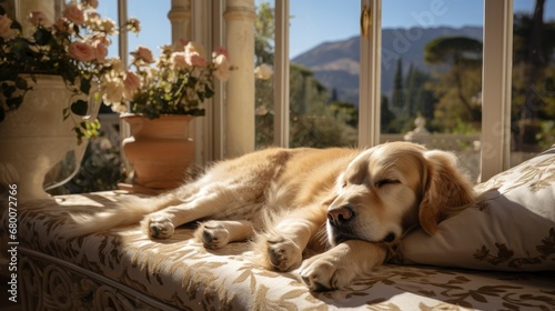 A Content Mixed-Breed Dog Lounging On A Porch , Background For Banner, HD