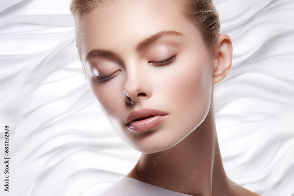 Naklejka premium Dreamlike caucasian woman with closed eyes in a white studio. Serene and ethereal beauty with a white scarf, creating a tranquil and glowing atmosphere. 