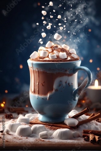 Hot Chocolate Cup with Marshmallow and Cinnamon Sticks  Winter Festive Composition