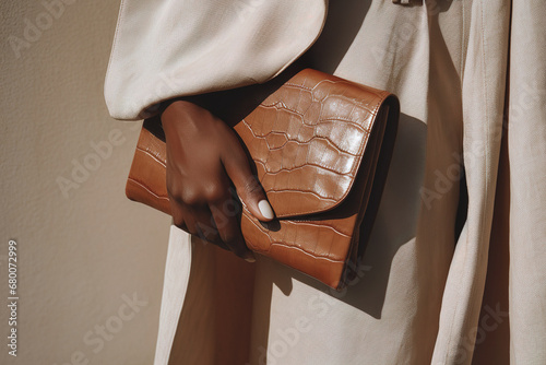 Stylish woman's hand holding a brown leather clutch bag in a studio setting. Trendy and fashionable with a focus on accessories.  photo