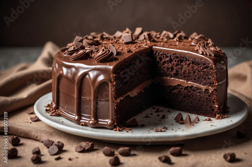 Piece of sponge chocolate cake with chocolate glaze