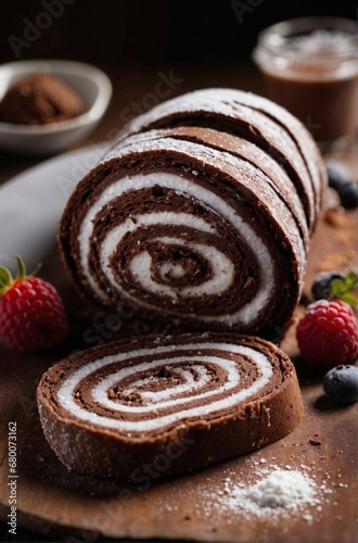 Chocolate sweet dessert roll with forest berries