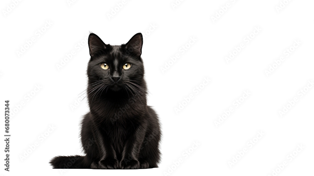 Black Cat Sitting Isolated on Transparent or White Background, PNG